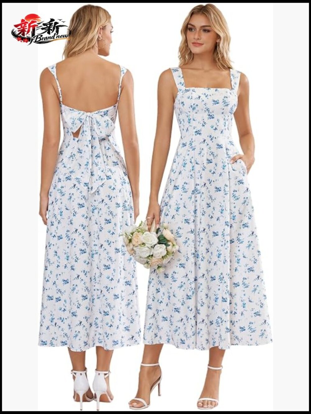 Floral Corset Midi Dress with Pockets Square Neck Sleeveless Bridal Shower